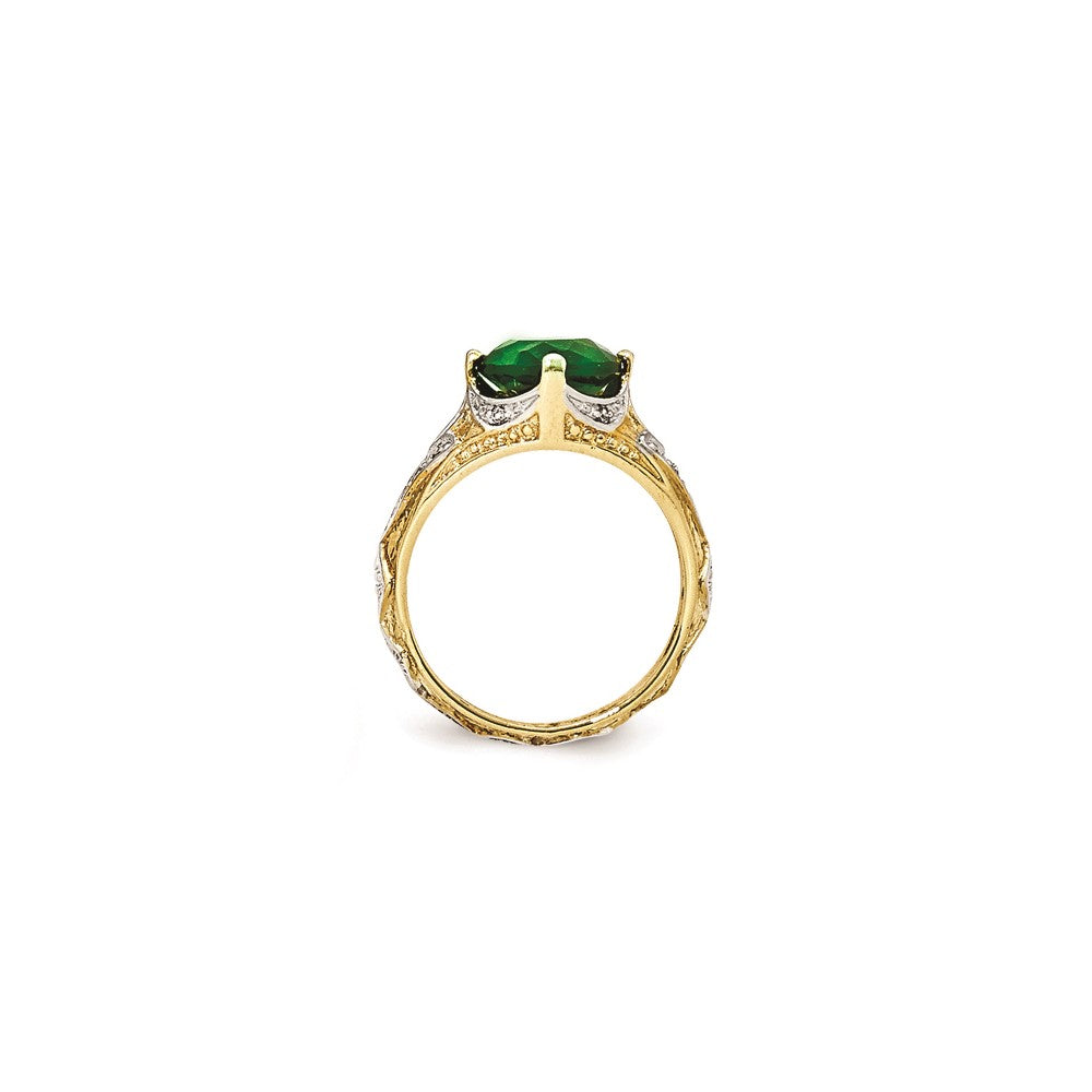 Sterling Silver Gold-Plated Glass Simulated Emerald & CZ Ring