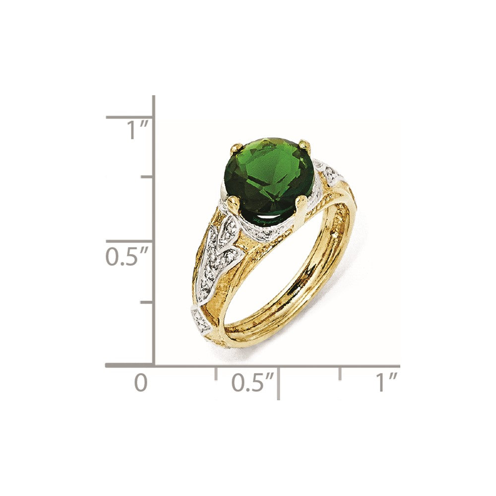 Sterling Silver Gold-Plated Glass Simulated Emerald & CZ Ring