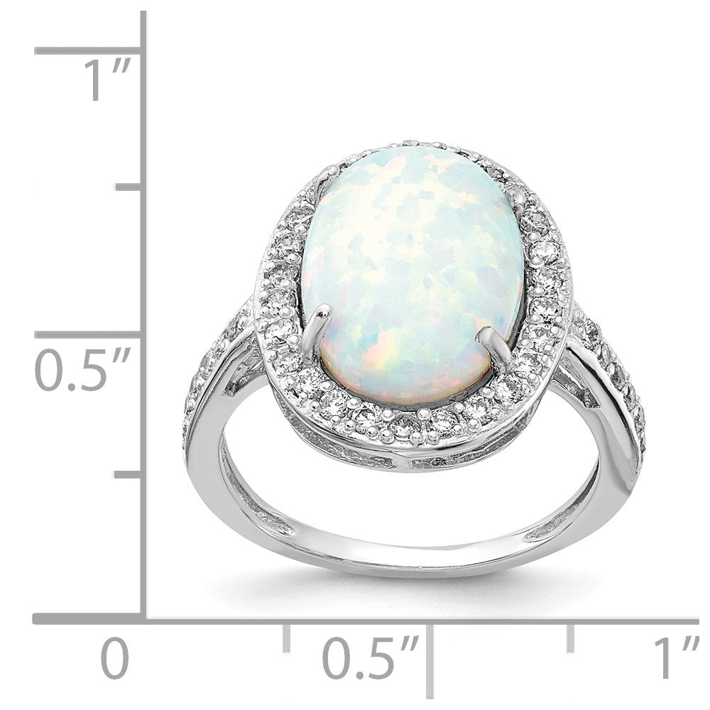 Cheryl M Sterling Silver Rhodium-plated Cabochon Lab Created Opal and Brilliant-cut CZ Oval Halo Ring