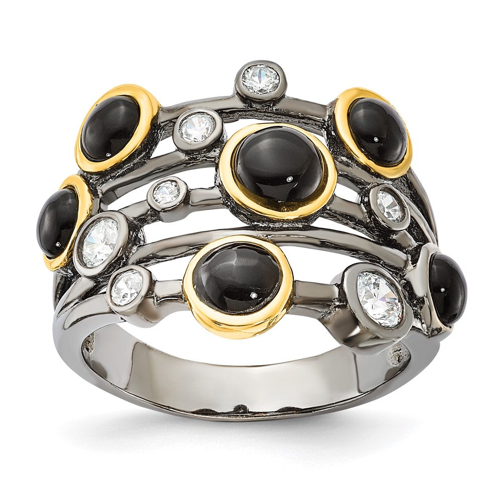 Cheryl M Sterling Silver Black Rhodium w/Gold-Plating Onyx & CZ Ring
