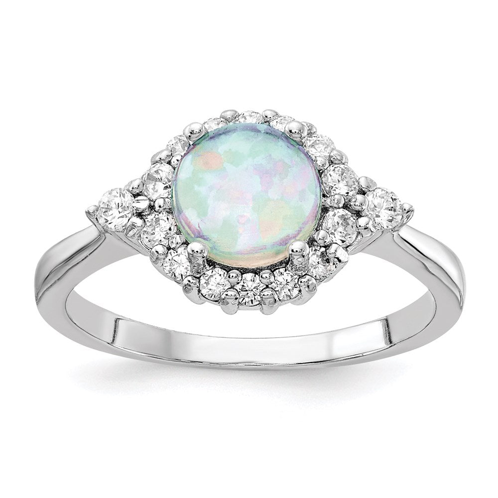 Cheryl M Sterling Silver Rhodium-plated Cabochon Lab Created Opal and Brilliant-cut CZ Ring