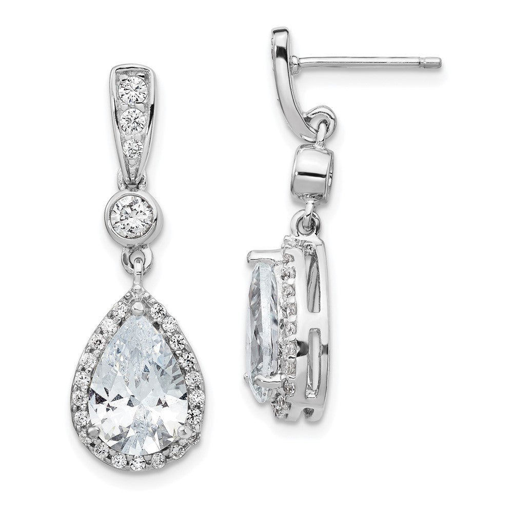 Cheryl M Sterling Silver Rhodium-plated Brilliant-cut CZ Teardrop and Bezel Halo Post Dangle Earrings
