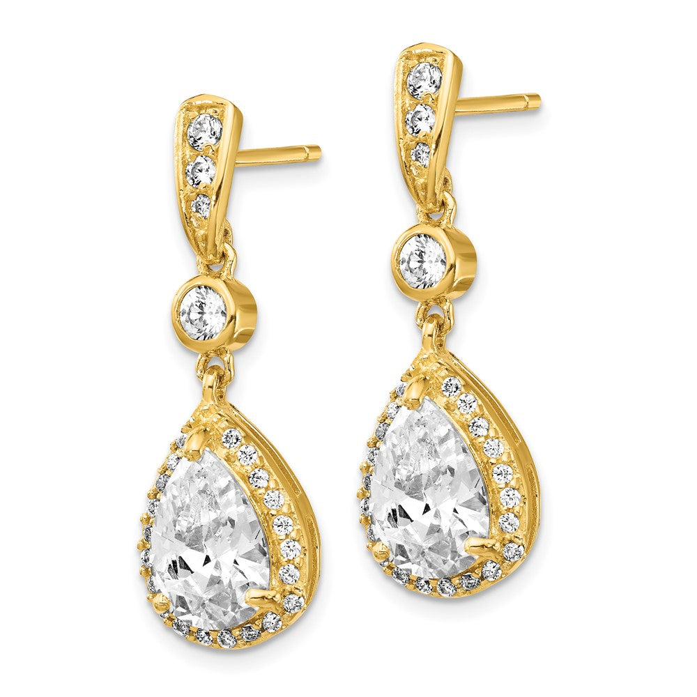 Cheryl M Sterling Silver Gold-plated Brilliant-cut CZ Teardrop and Bezel Halo Post Dangle Earrings