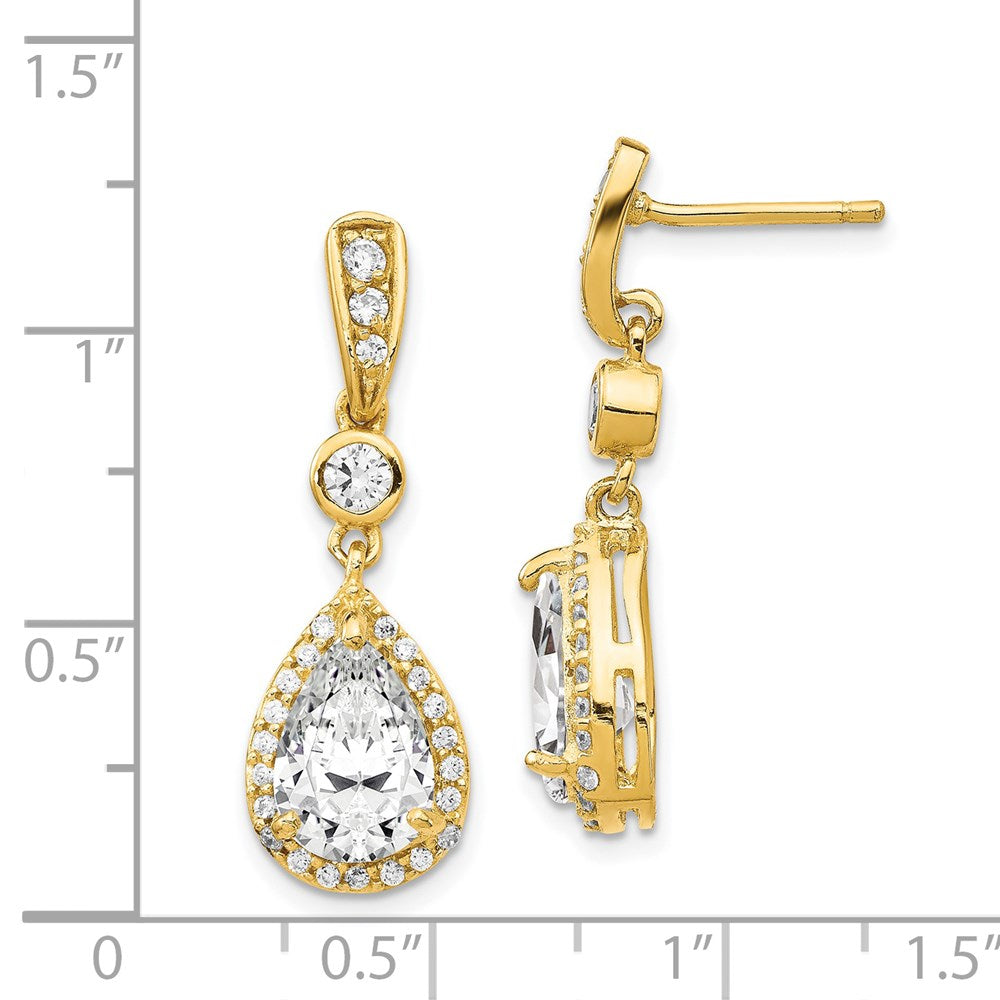 Cheryl M Sterling Silver Gold-plated Brilliant-cut CZ Teardrop and Bezel Halo Post Dangle Earrings