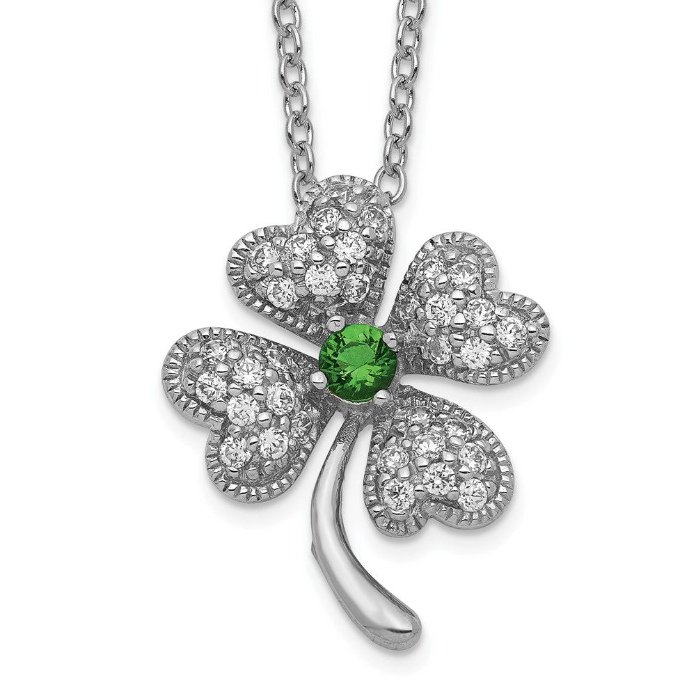 Cheryl M Sterling Silver Rhodium-plated Brilliant-cut Green Glass and Brilliant-cut White CZ Four Leaf Clover 18 Inch Neck...