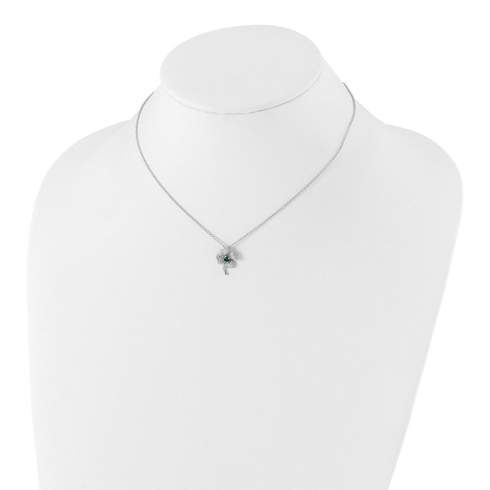 Cheryl M Sterling Silver Rhodium-plated Brilliant-cut Green Glass and Brilliant-cut White CZ Four Leaf Clover 15 Inch Neck...