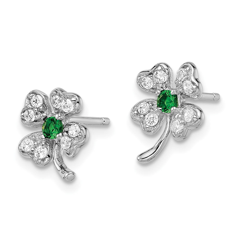 Cheryl M Sterling Silver Rhodium-plated Brilliant-cut Green Glass and Brilliant-cut White CZ Four Leaf Clover Post Earrings
