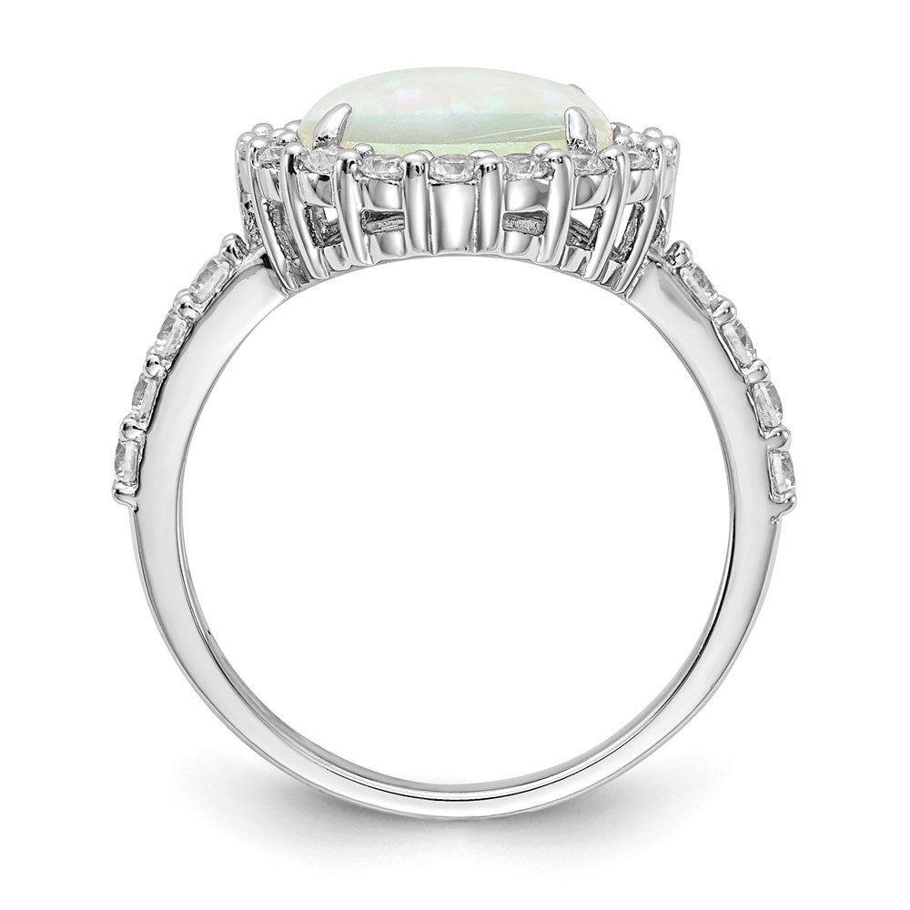 Cheryl M Sterling Silver Rhodium-plated Cabochon Lab Created Opal and Brilliant-cut CZ Halo Ring