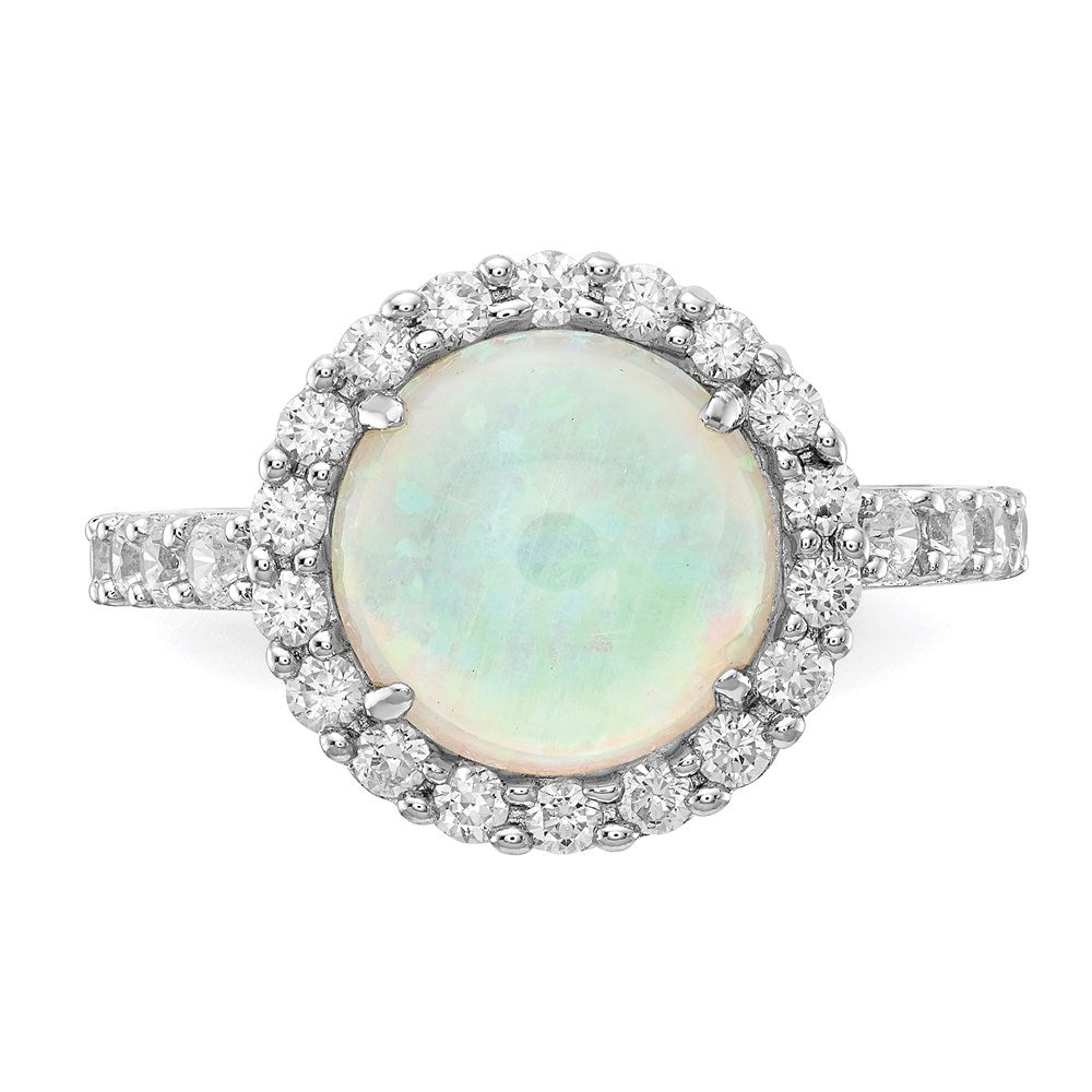 Cheryl M Sterling Silver Rhodium-plated Cabochon Lab Created Opal and Brilliant-cut CZ Halo Ring