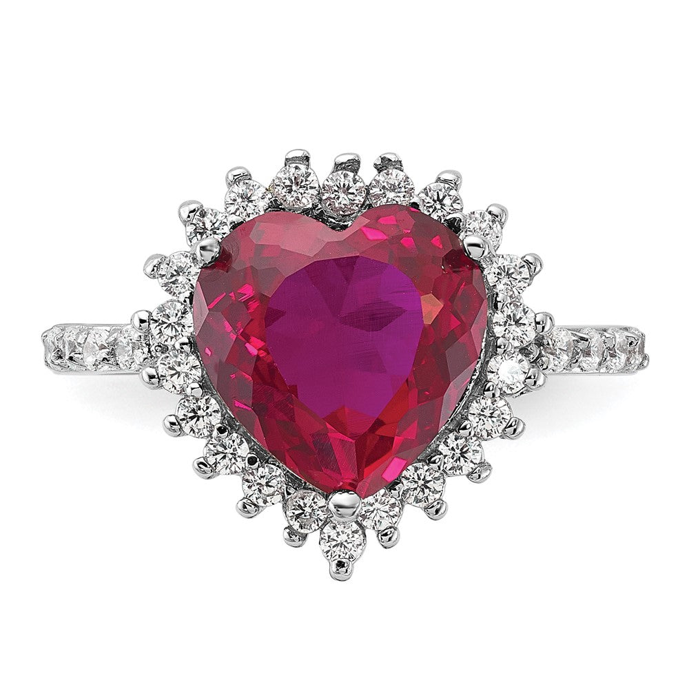 Cheryl M Sterling Silver Rhodium-plated 100 Facet Lab Created Ruby and Brilliant-cut White CZ Heart Halo Ring