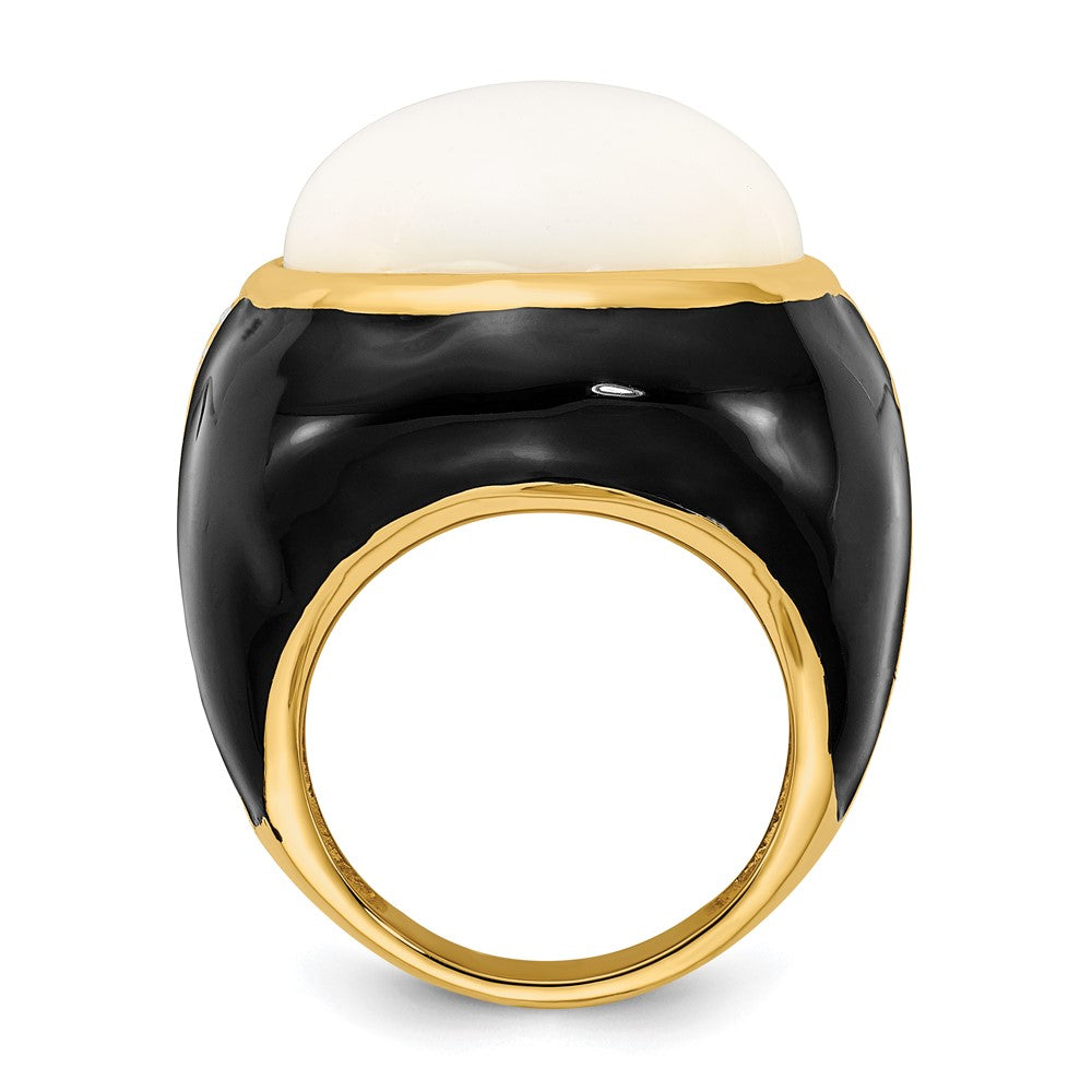 Cheryl M Sterling Silver Gold-plated Black Enamel, Simulated White Agate & CZ Ring