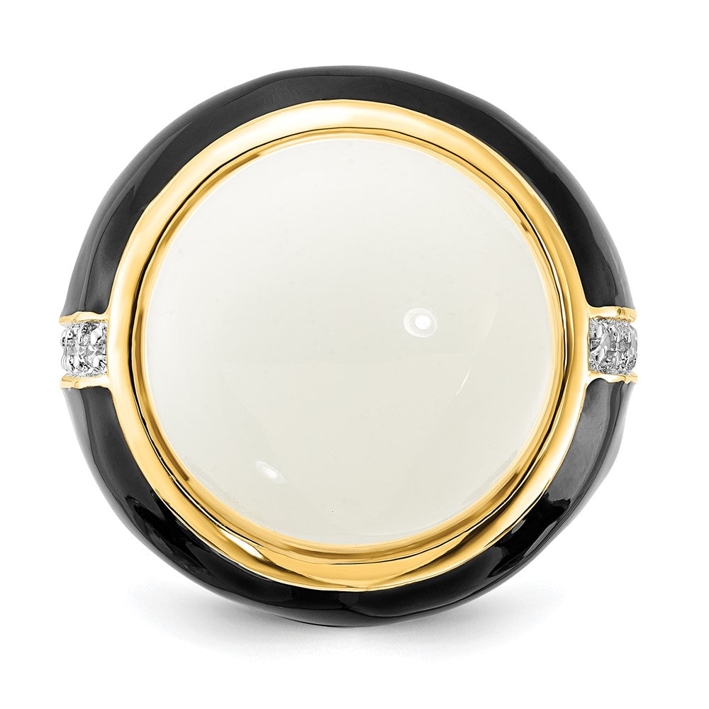 Cheryl M Sterling Silver Gold-plated Black Enamel, Simulated White Agate & CZ Ring