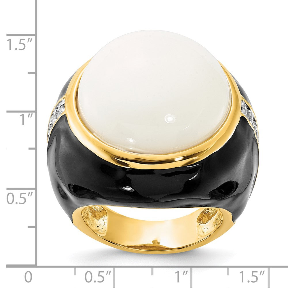 Cheryl M Sterling Silver Gold-plated Black Enamel, Simulated White Agate & CZ Ring