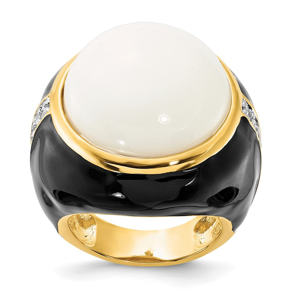 Cheryl M Sterling Silver Gold-plated Black Enamel, Simulated White Agate & CZ Ring