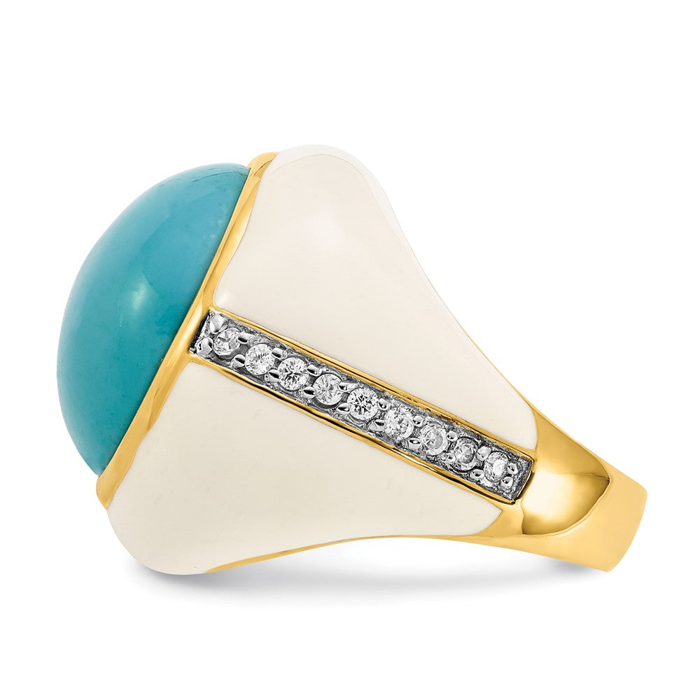 Sterling Silver Gold-plated White Enamel Sim. Turquoise & CZ Ring
