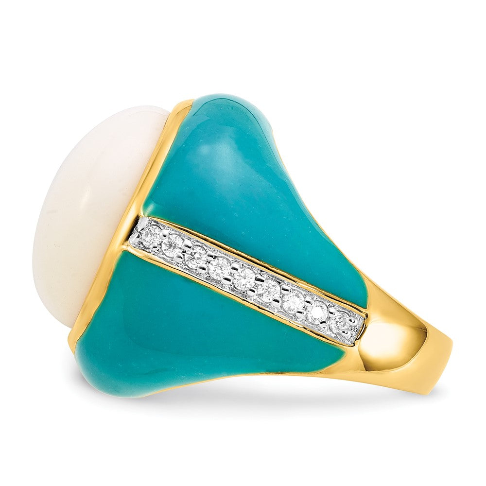 Sterling Silver Gold-plated Blue Enamel CZ & Simulated White Agate Ring