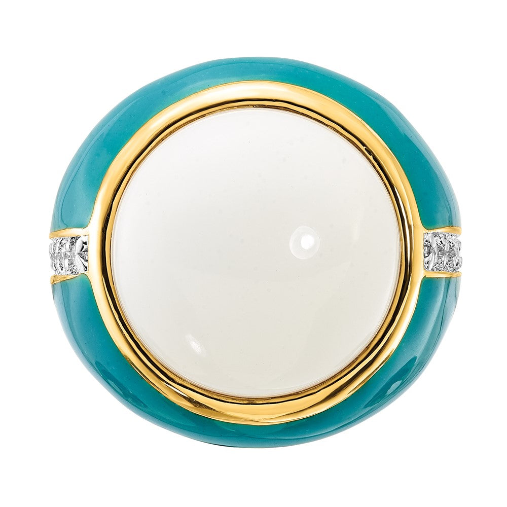 Sterling Silver Gold-plated Blue Enamel CZ & Simulated White Agate Ring