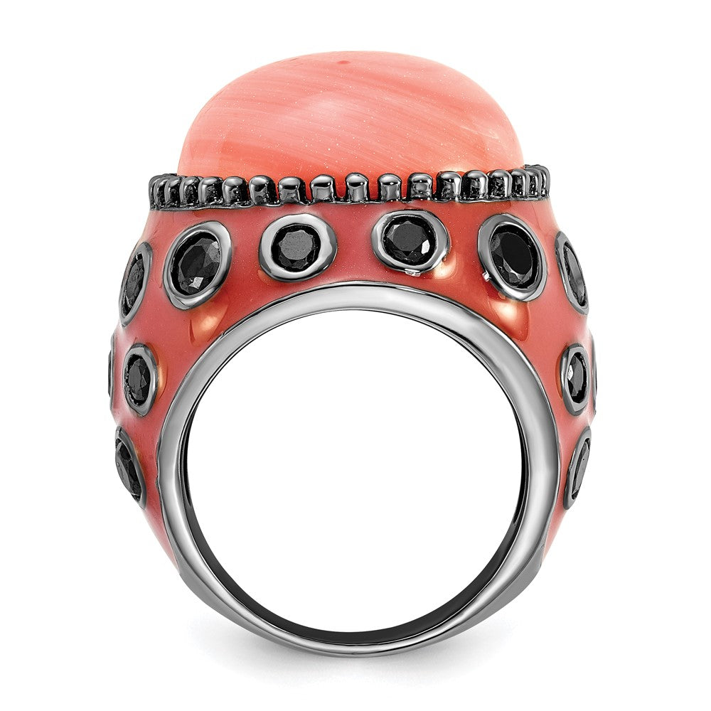 Sterling Silver Black-plated & Enameled Simulated Red Coral & CZ Ring