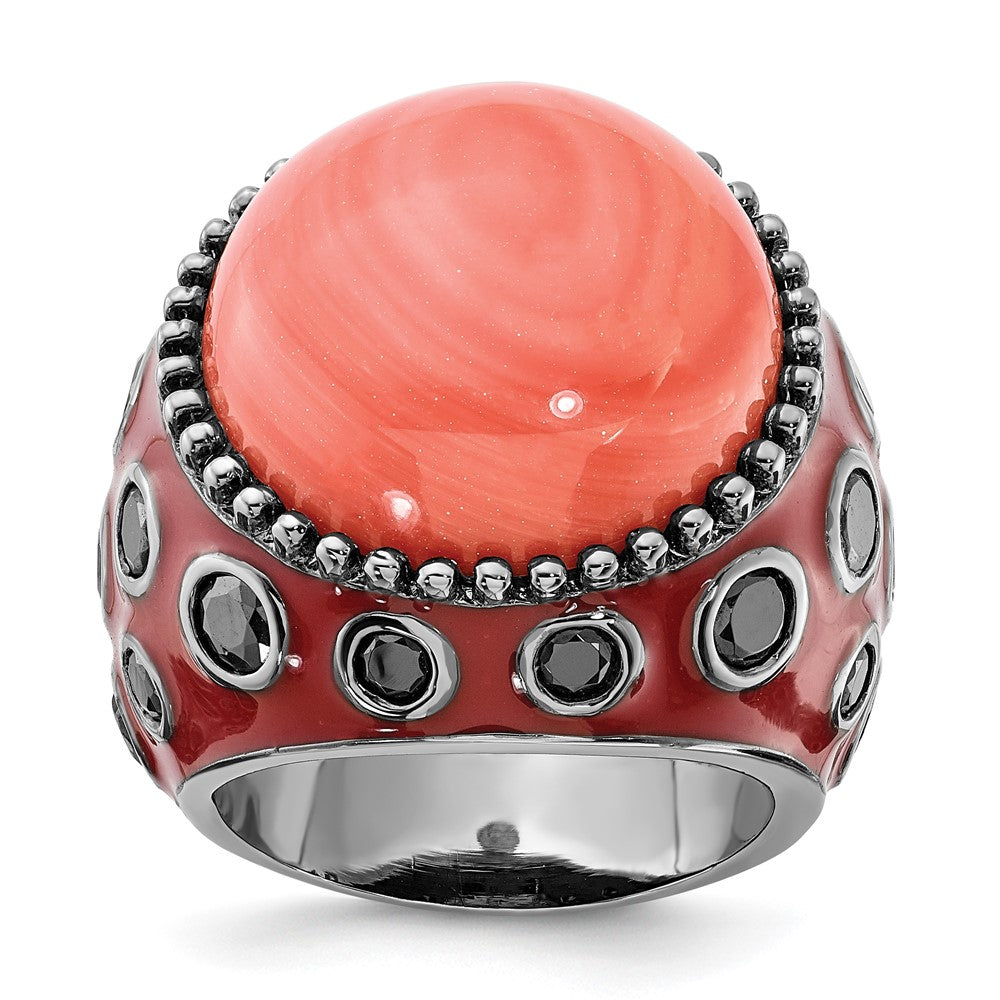 Sterling Silver Black-plated & Enameled Simulated Red Coral & CZ Ring
