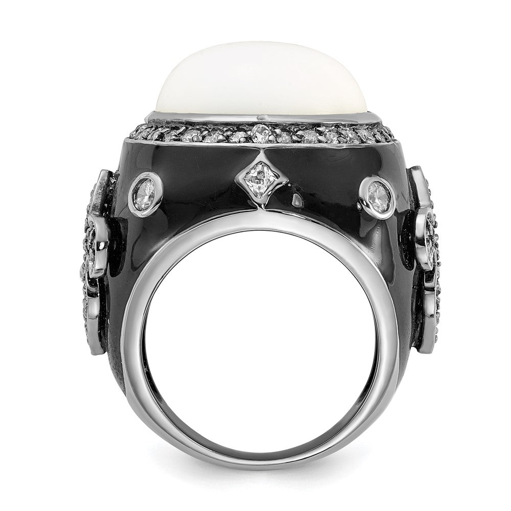 Sterling Silver Black Rhodium-plated Black Enamel Simulated White Agate & CZ Fleur de Lis Ring