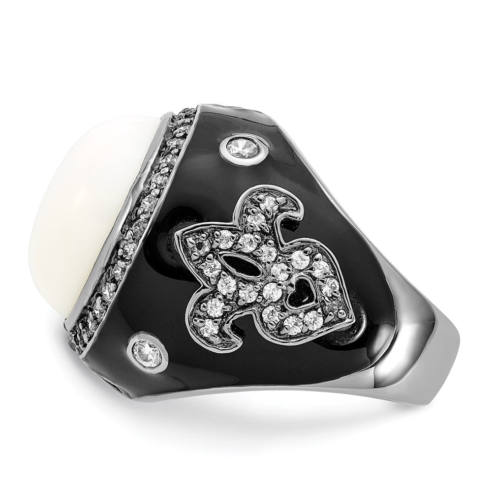 Sterling Silver Black Rhodium-plated Black Enamel Simulated White Agate & CZ Fleur de Lis Ring