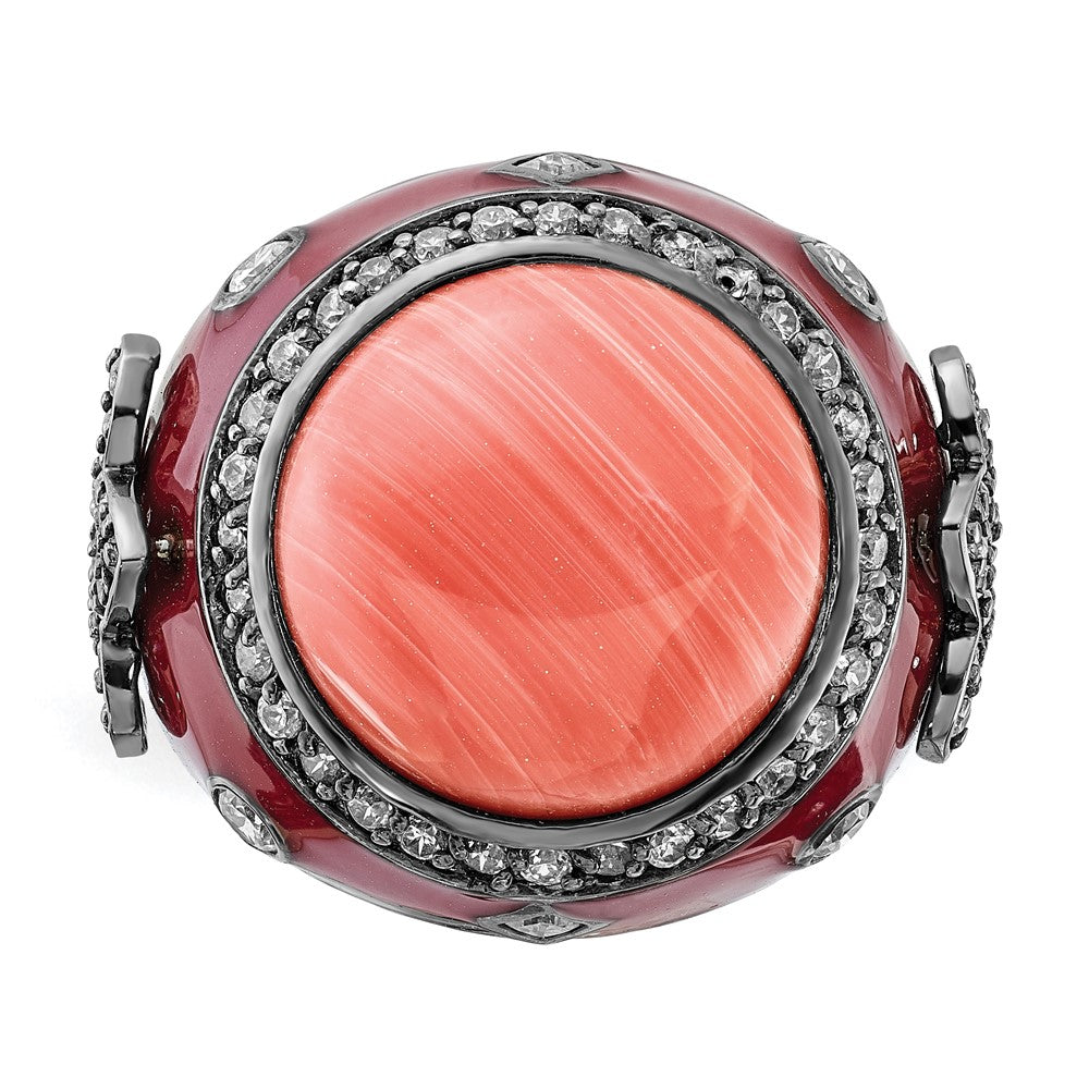 Sterling Silver Black Rhodium-plated Red Enamel Simulated Coral & CZ Fleur de Lis Ring