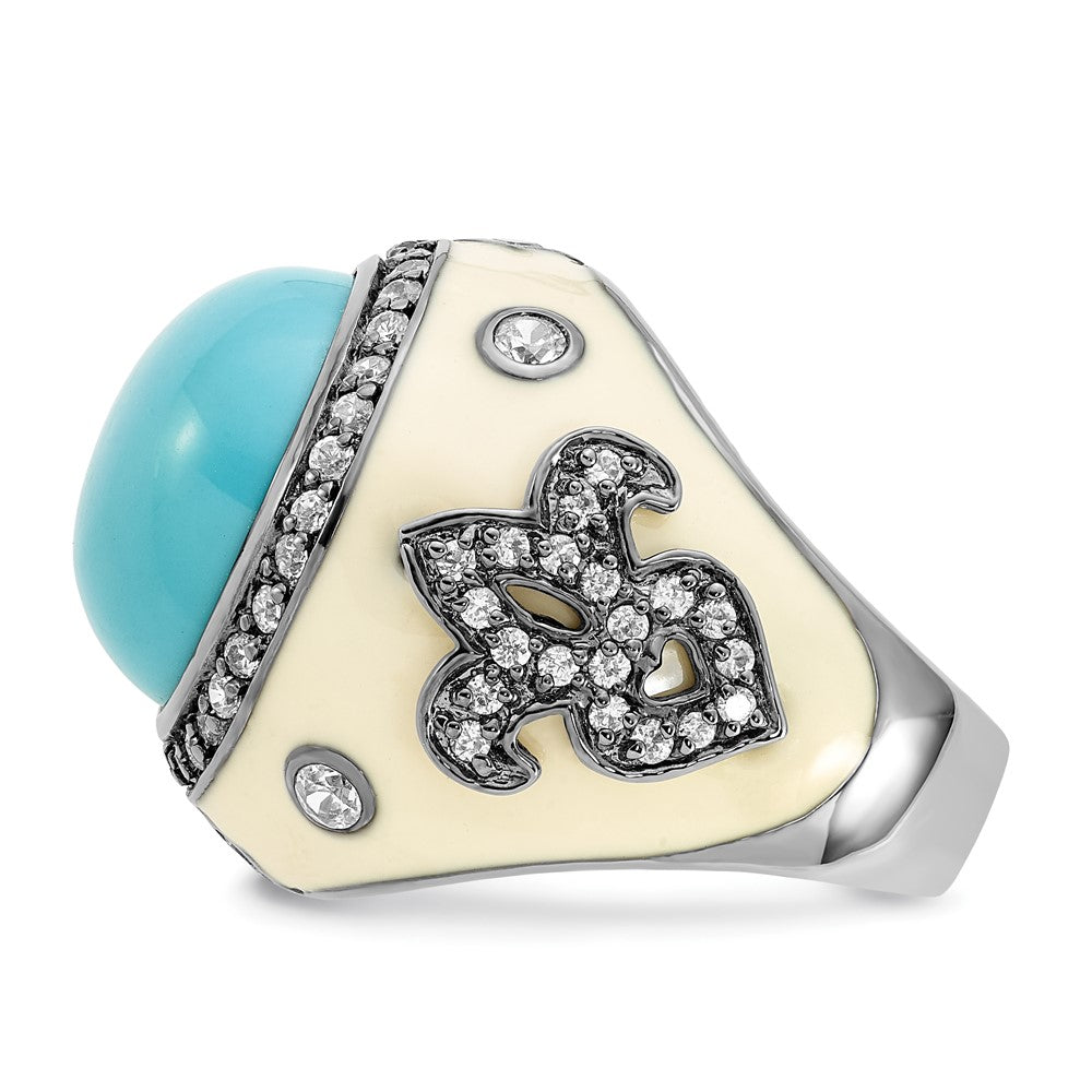 Sterling Silver Black Rhodium-plated White Enamel Simulated Turquoise & CZ Fleur de Lis Ring