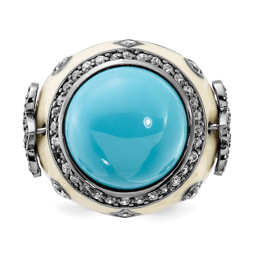 Sterling Silver Black Rhodium-plated White Enamel Simulated Turquoise & CZ Fleur de Lis Ring