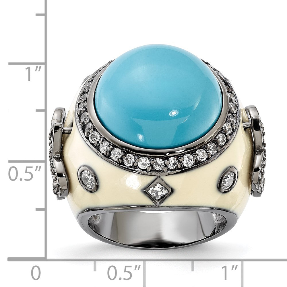 Sterling Silver Black Rhodium-plated White Enamel Simulated Turquoise & CZ Fleur de Lis Ring