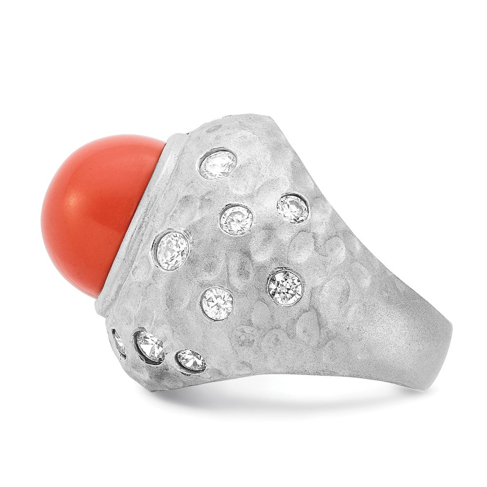 Cheyl M Sterling Silver Satin Simulated Red Coral & CZ Ring
