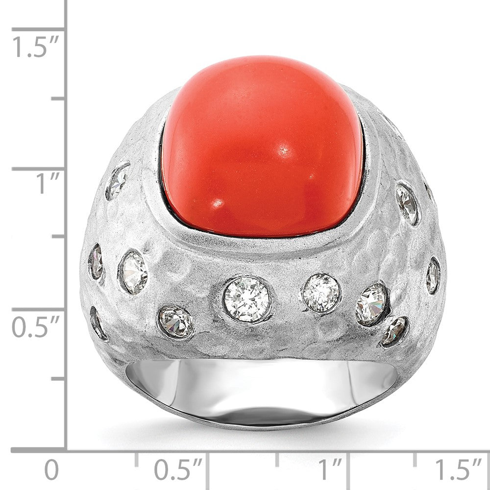 Cheyl M Sterling Silver Satin Simulated Red Coral & CZ Ring