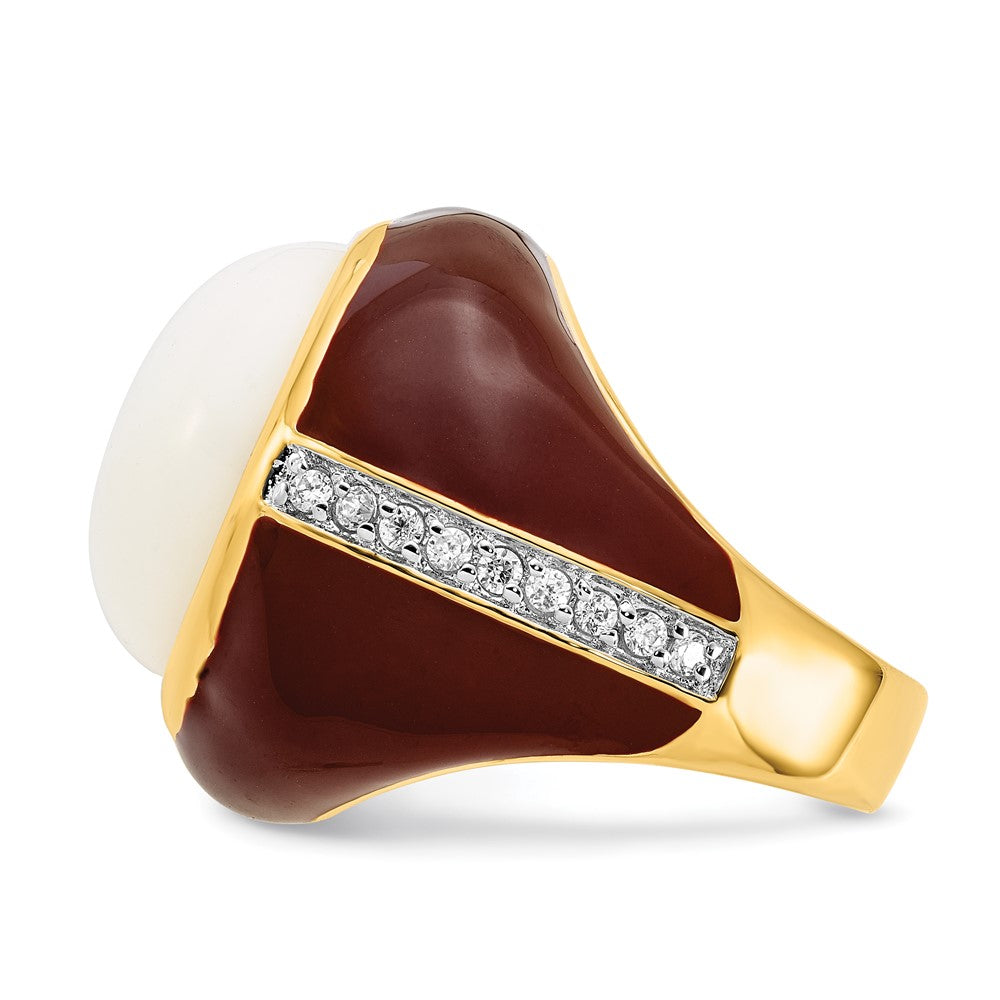 Sterling Silver Gold-plated Brown Enamel Simulated White Agate & CZ Ring