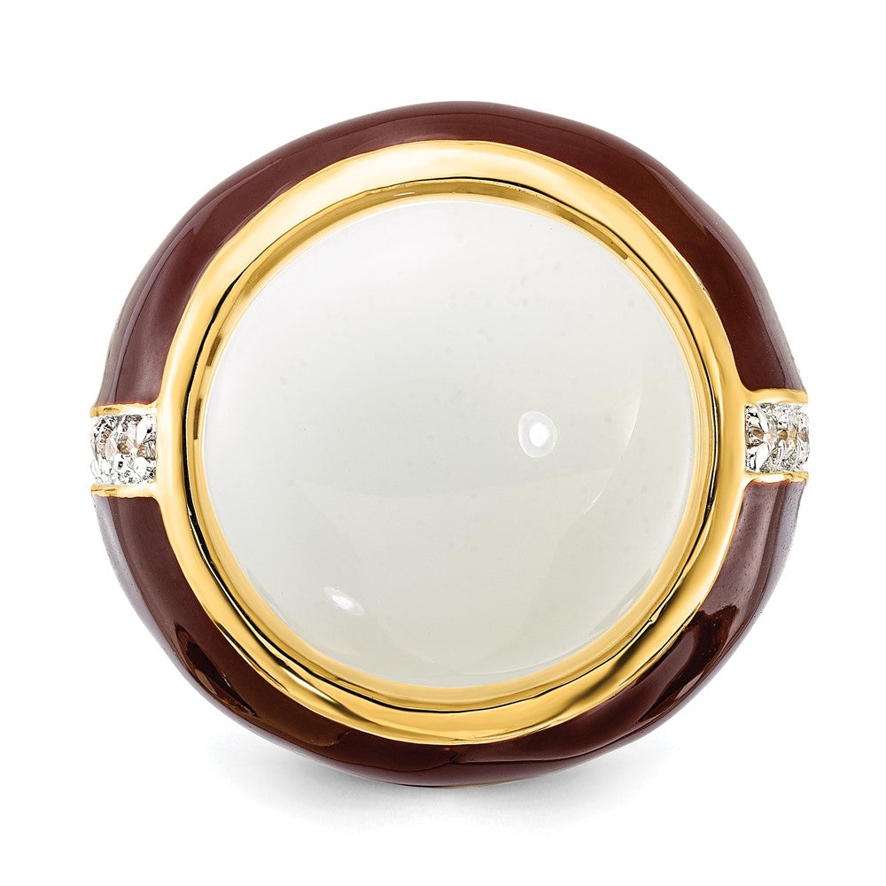 Sterling Silver Gold-plated Brown Enamel Simulated White Agate & CZ Ring