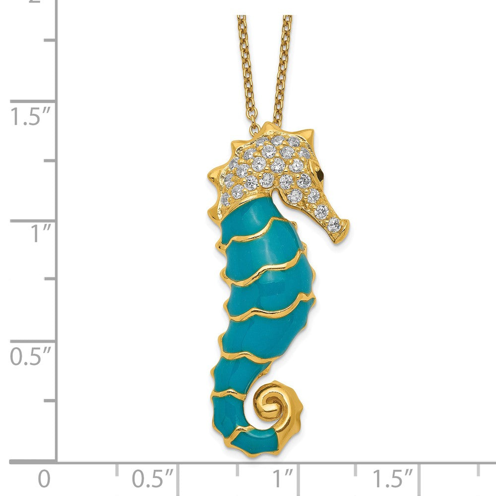 Cheryl M Sterling Silver Gold-plated Enameled Brilliant-cut Black and White CZ Seahorse 18 Inch Necklace