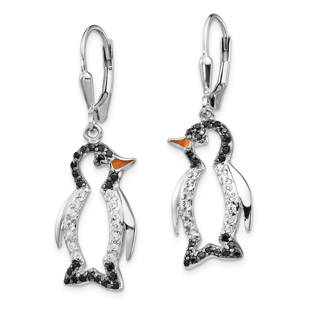 Cheryl M Sterling Silver Rhodium-plated with Black Rhodium Accent Enameled Brilliant-cut Black and White CZ Penguin Leverb...
