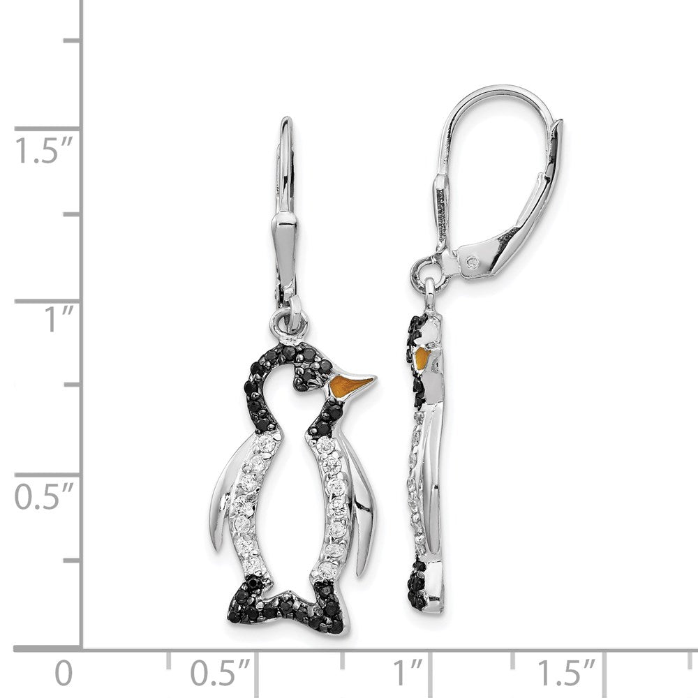 Cheryl M Sterling Silver Rhodium-plated with Black Rhodium Accent Enameled Brilliant-cut Black and White CZ Penguin Leverb...