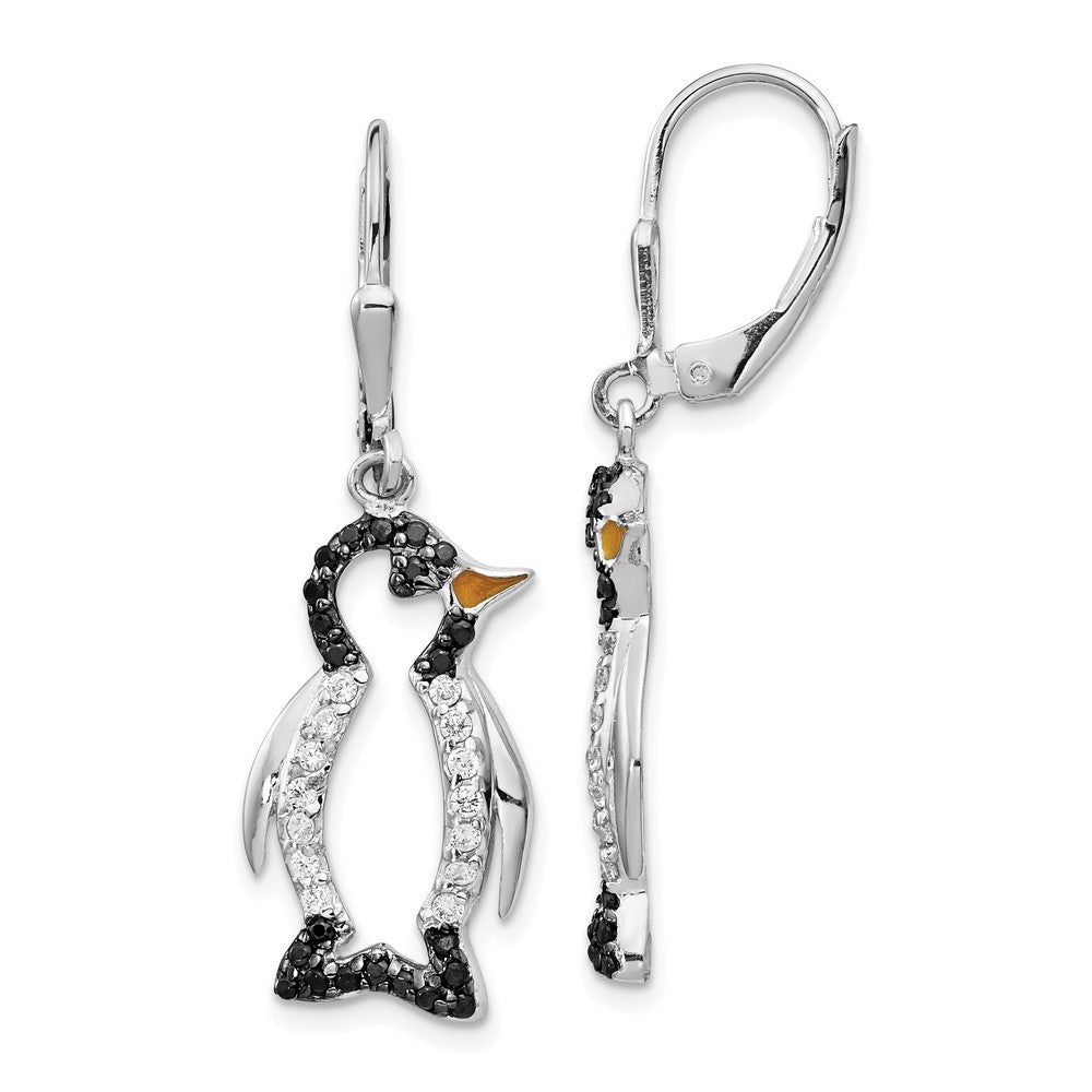 Cheryl M Sterling Silver Rhodium-plated with Black Rhodium Accent Enameled Brilliant-cut Black and White CZ Penguin Leverb...