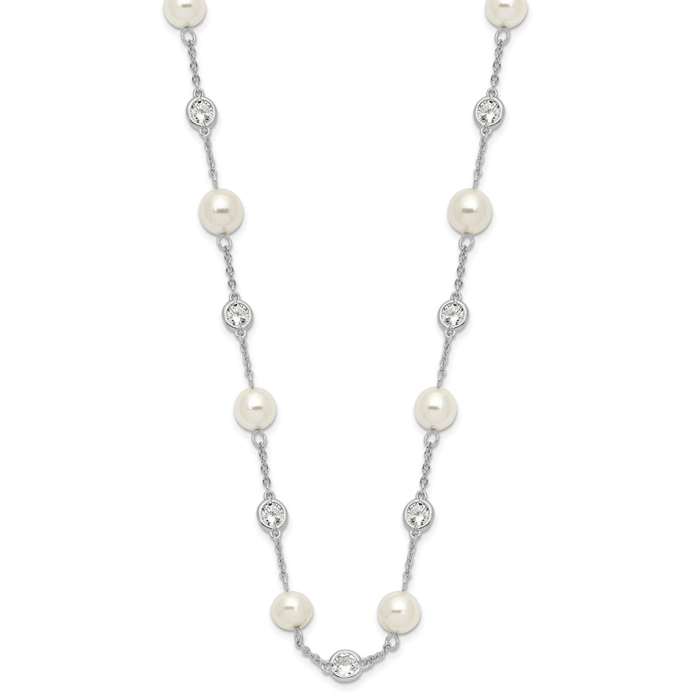Cheryl M Sterling Silver Rhodium-plated Glass Pearl and Brilliant-cut CZ Bezel Station 36 Inch Necklace