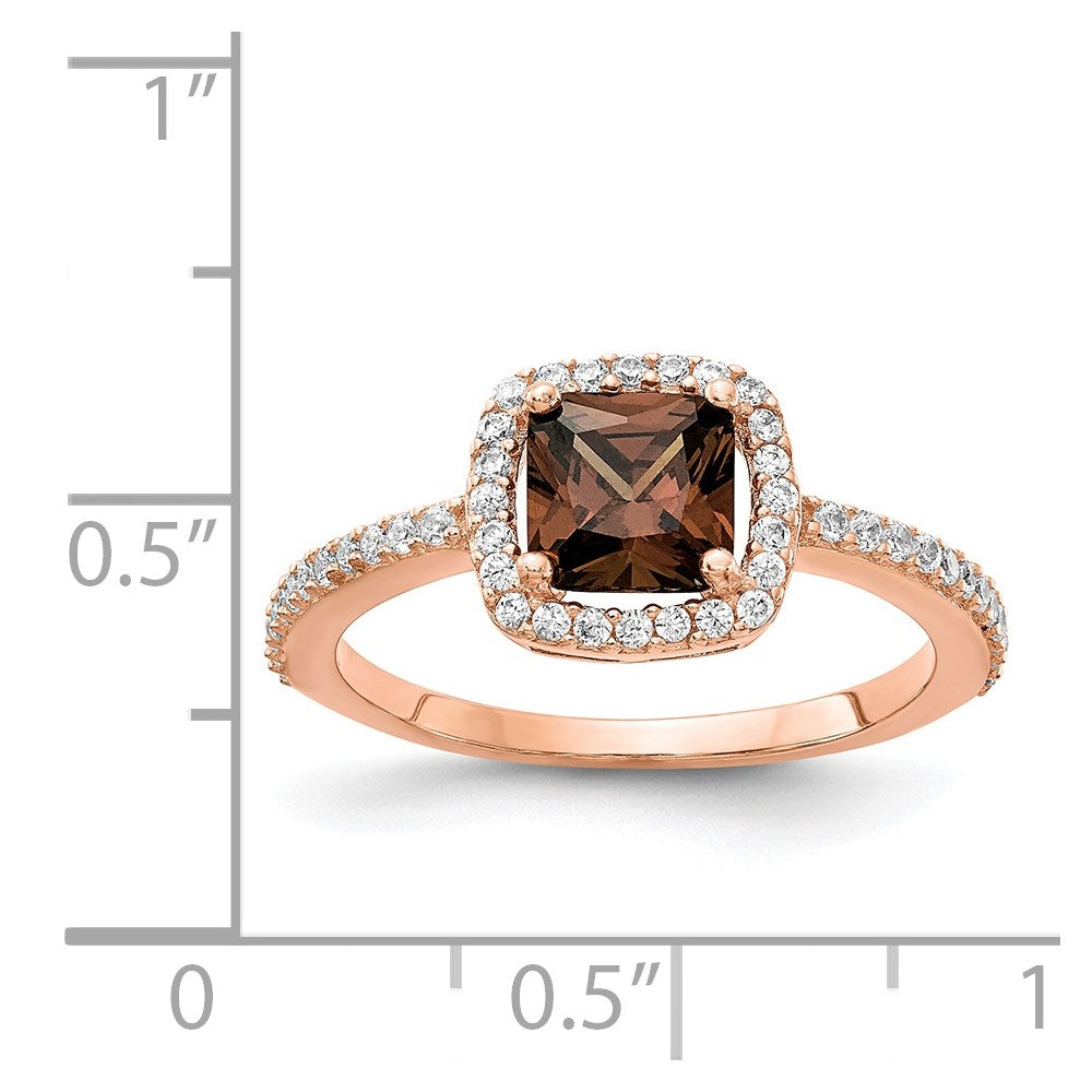 Cheryl M Sterling Silver Rose Gold-plated Cocoa Cushion-cut and White Brilliant-cut CZ Halo Ring