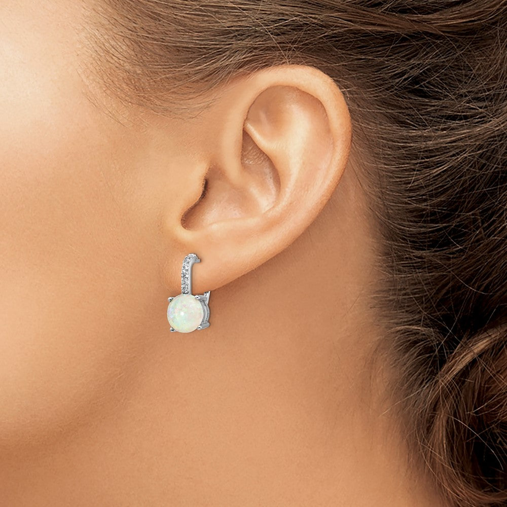 Cheryl M Sterling Silver Rhodium-plated Cabochon Lab Created Opal and Brilliant-cut CZ Leverback Earrings