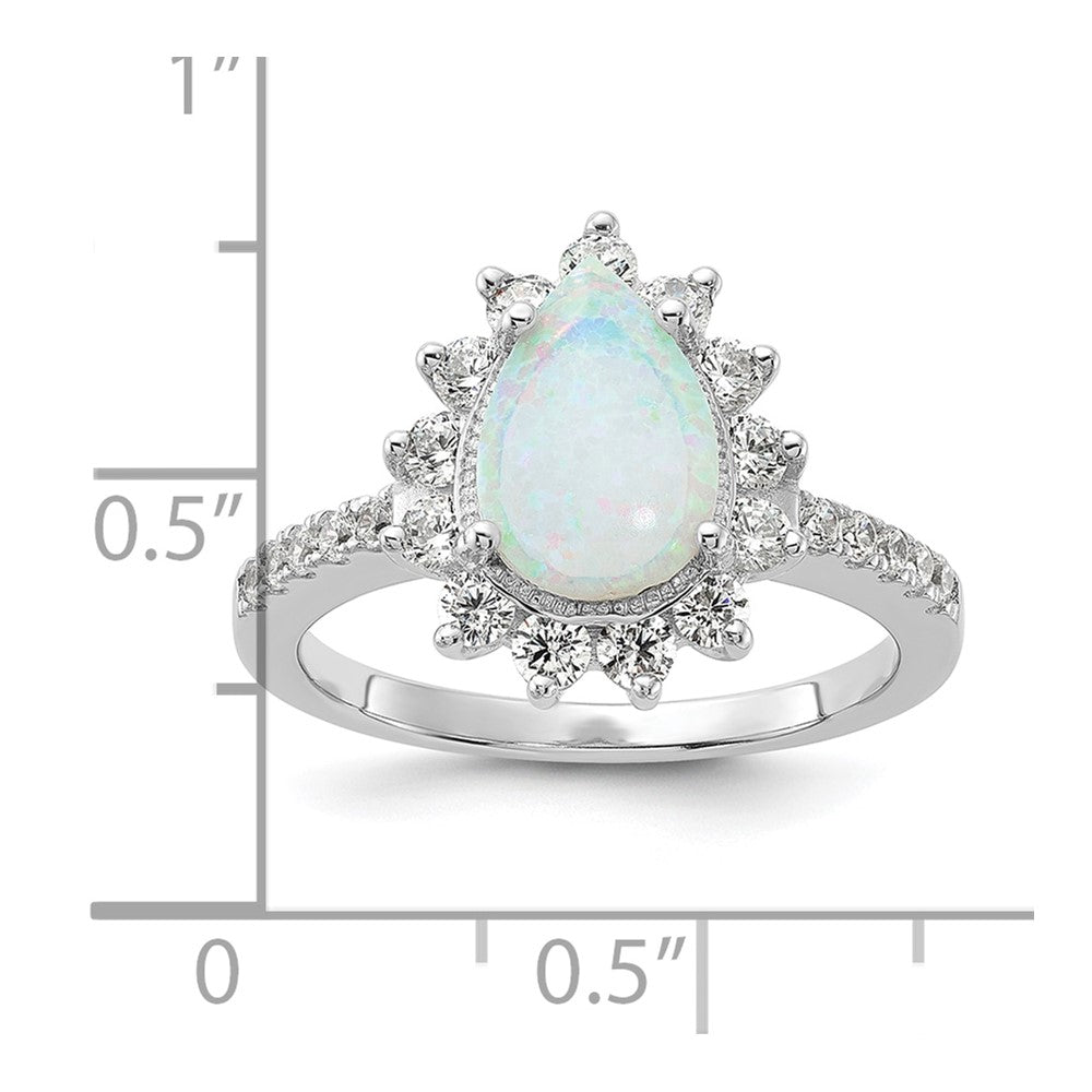 Cheryl M Sterling Silver Rhodium-plated Cabochon Lab Created Opal and Brilliant-cut CZ Teardrop Halo Ring