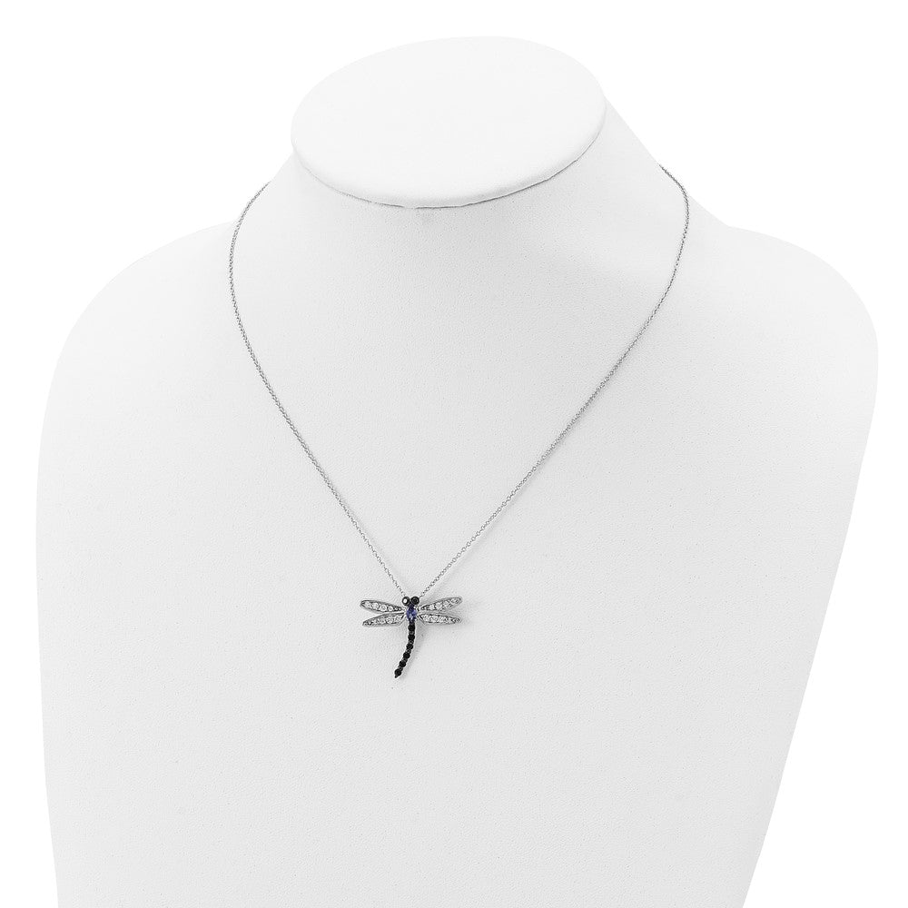 Cheryl M Sterling Silver Rhodium-plated with Black Rhodium Accent Brilliant-cut Black White and Blue CZ Dragonfly 18 Inch ...