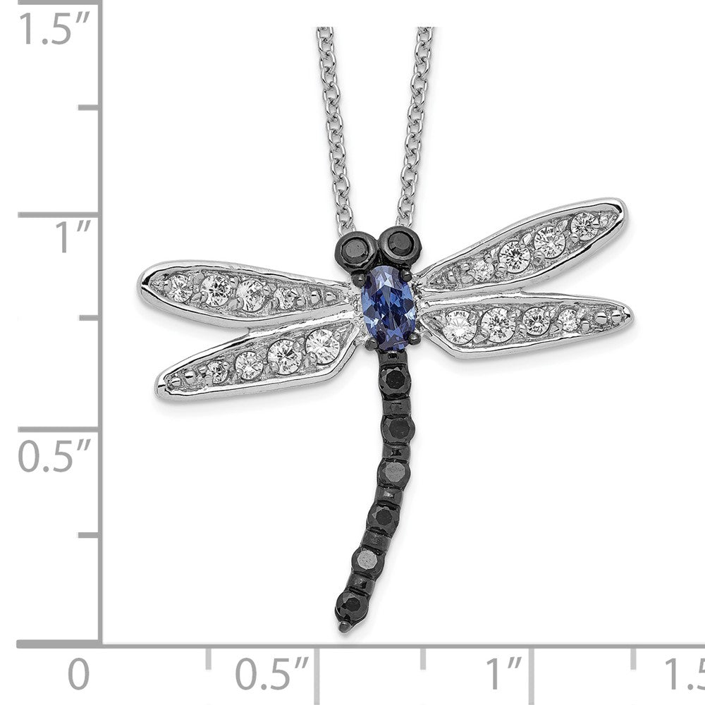 Cheryl M Sterling Silver Rhodium-plated with Black Rhodium Accent Brilliant-cut Black White and Blue CZ Dragonfly 18 Inch ...