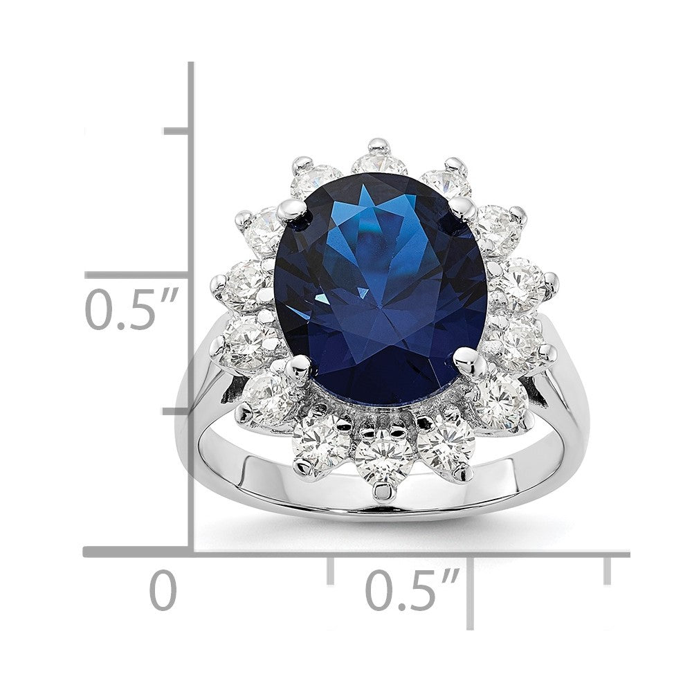 Cheryl M Sterling Silver Rhodium-plated Brilliant-cut Lab Created Dark Blue Spinel and Brilliant-cut White CZ Oval Halo Ring