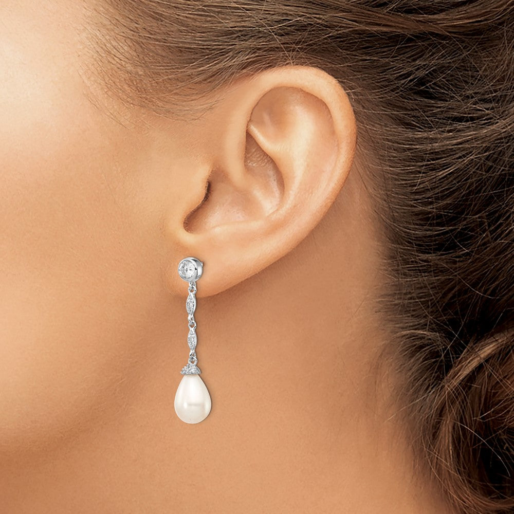 Cheryl M Sterling Silver Rhodium-plated Teardrop Freshwater Cultured Pearl and Brilliant-cut CZ Post Dangle Earrings