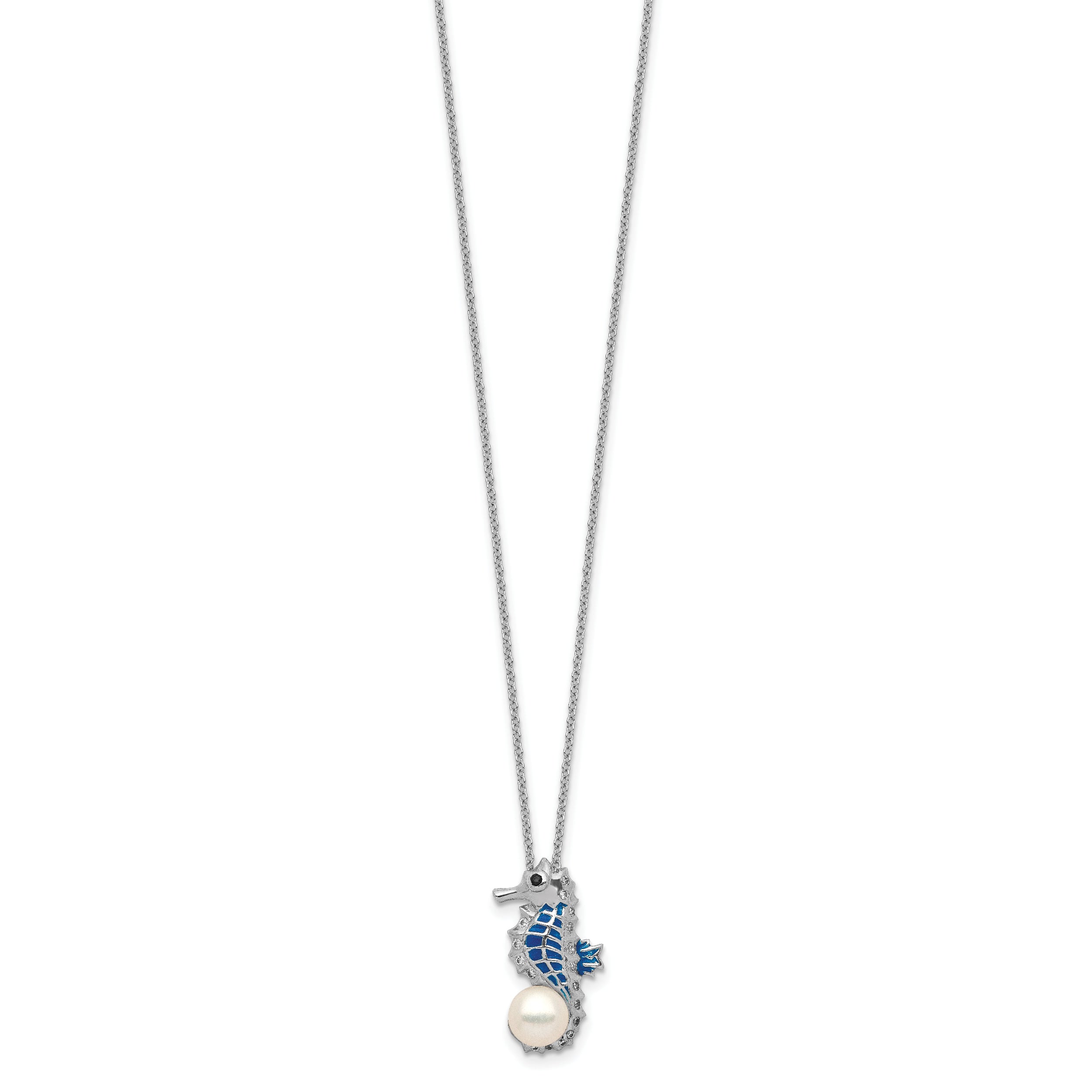 Cheryl M Sterling Silver Rhodium-plated Enameled Freshwater Cultured Pearl and Brilliant-cut CZ Seahorse 18 Inch Necklace
