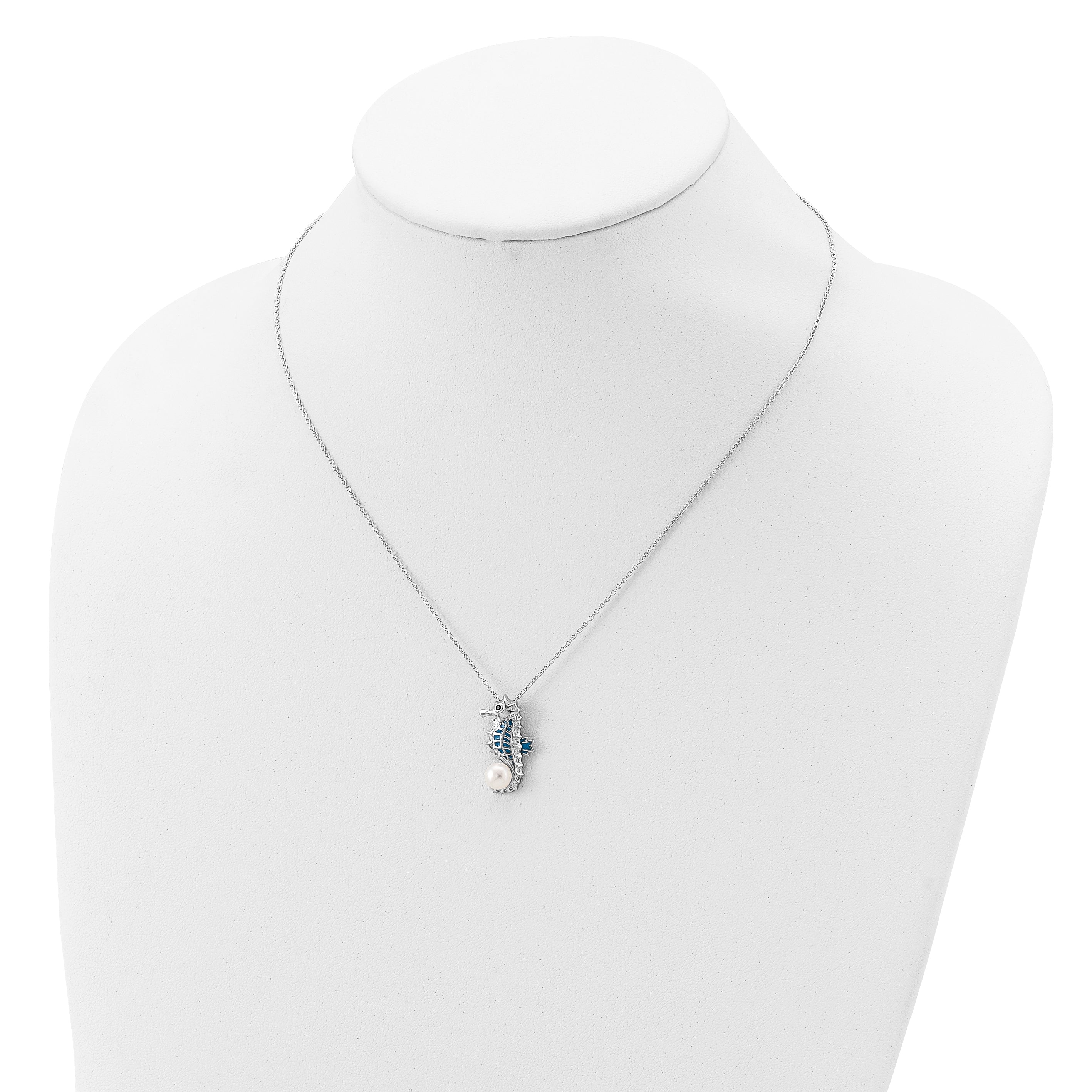 Cheryl M Sterling Silver Rhodium-plated Enameled Freshwater Cultured Pearl and Brilliant-cut CZ Seahorse 18 Inch Necklace