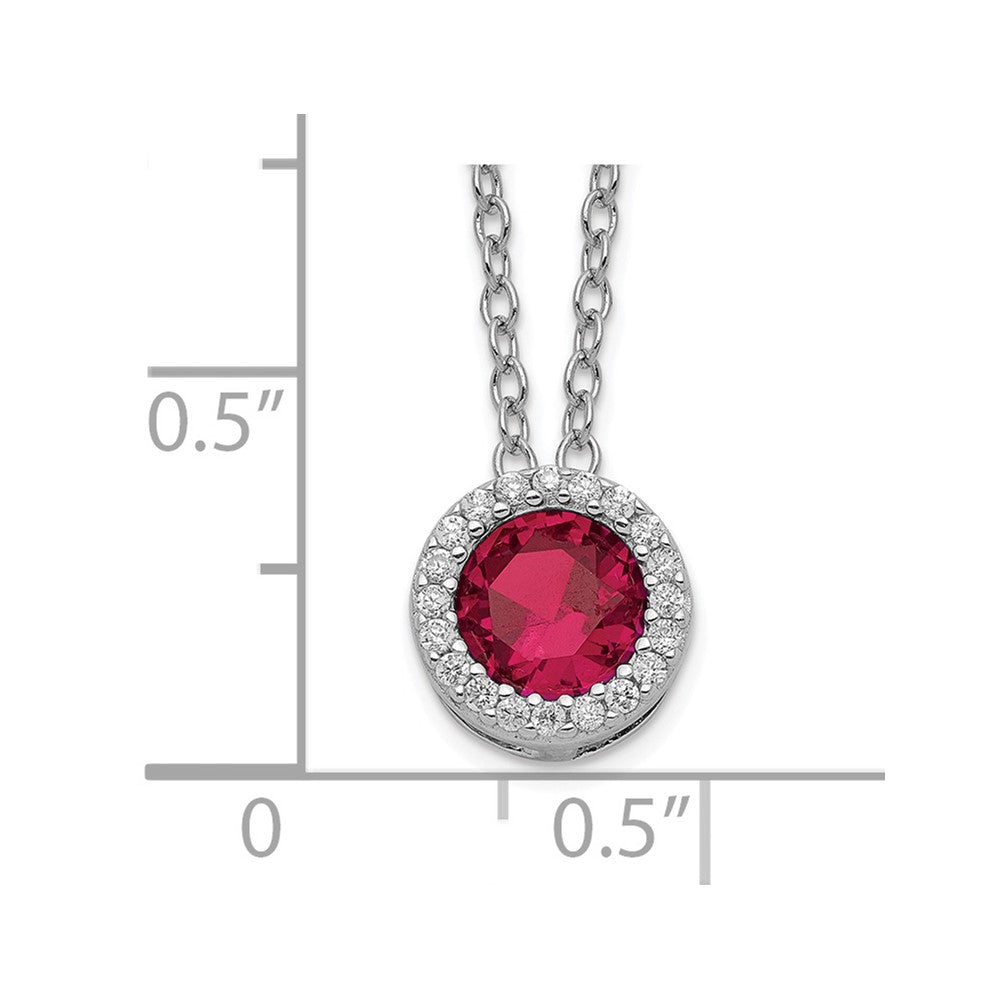 Cheryl M Sterling Silver Rhodium-plated Brilliant-cut Lab Created Ruby and Brilliant-cut White CZ Round Halo 18 Inch Necklace
