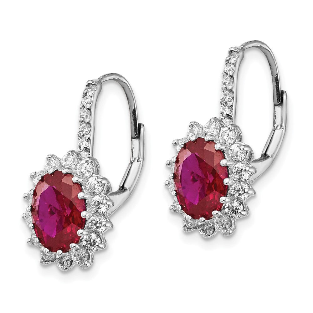 Cheryl M Sterling Silver Rhodium-plated Brilliant-cut Lab Created Ruby and Brilliant-cut White CZ Oval Halo Leverback Earr...