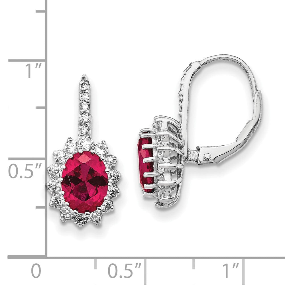 Cheryl M Sterling Silver Rhodium-plated Brilliant-cut Lab Created Ruby and Brilliant-cut White CZ Oval Halo Leverback Earr...